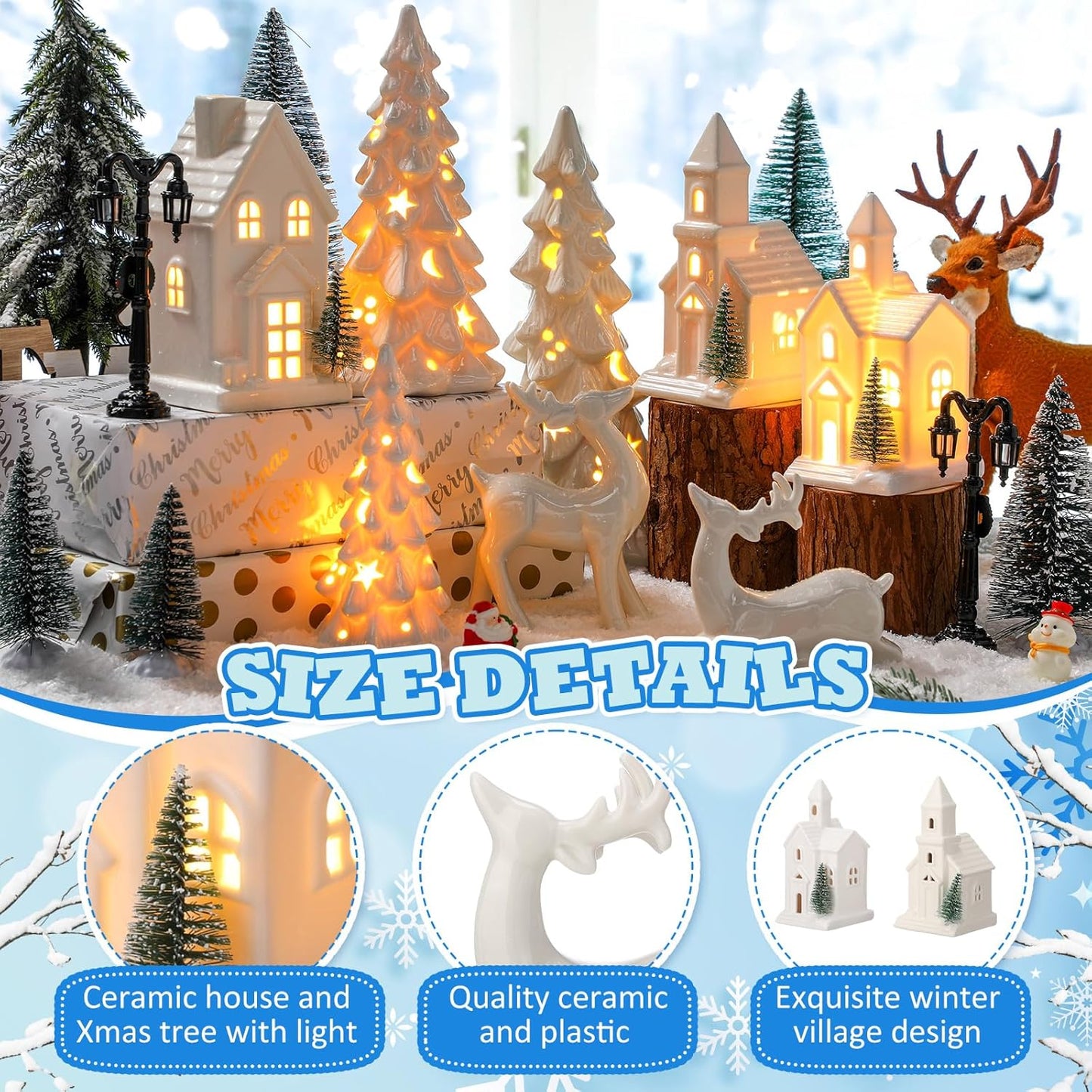Nuogo 14 Pcs Ceramic White LED Christmas Village Houses Set | Includes Tree & Reindeer Figurine