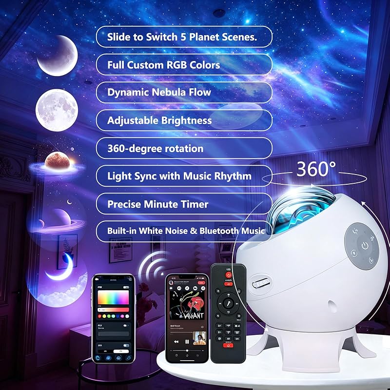 Galaxy Star Projector Night Light with Bluetooth Speaker & Aurora Show