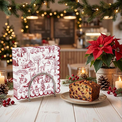 Christmas Napkins 50 Ct 3-Ply Red Toile Village 6.5" Disposable Dinner Napkins