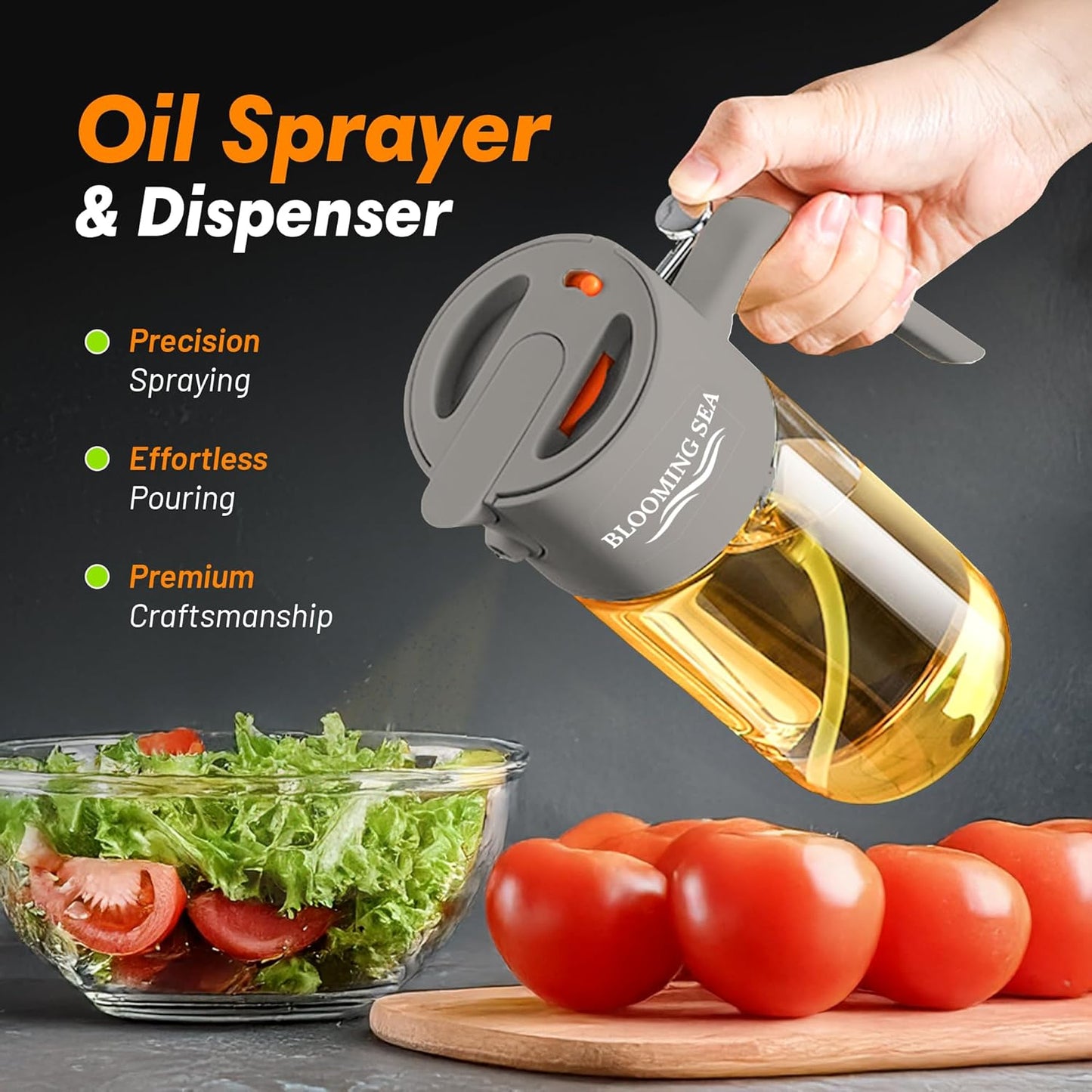 Skiennix 2-in-1 Oil Sprayer & Dispenser - 550ml Glass Olive Oil Bottle, BPA-Free & Leakproof, Gray