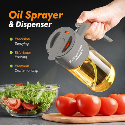 Skiennix 2-in-1 Oil Sprayer & Dispenser - 550ml Glass Olive Oil Bottle, BPA-Free & Leakproof, Gray