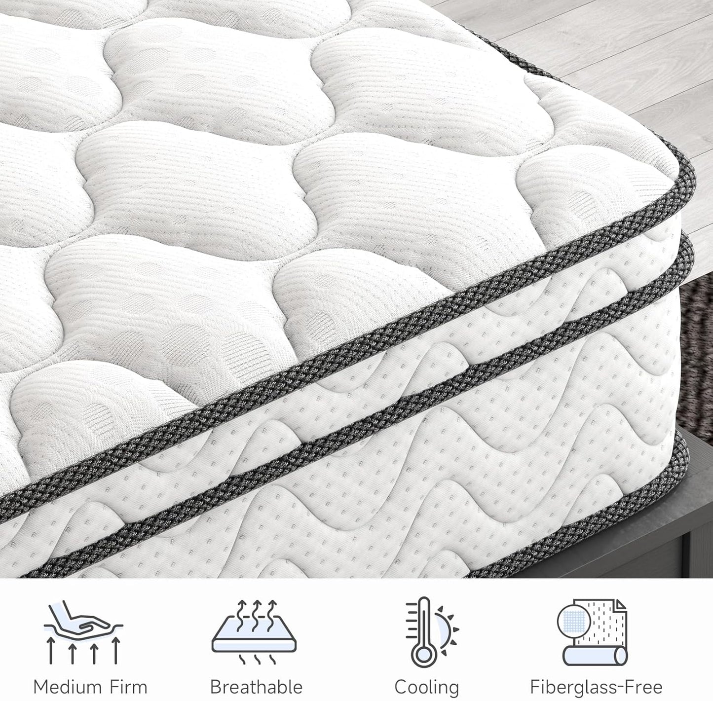 Vesgantti Twin Size Mattress - 12 Inch Fiberglass-Free Hybrid | Cool Sleep Memory Foam & Pocket Springs, Medium Firm