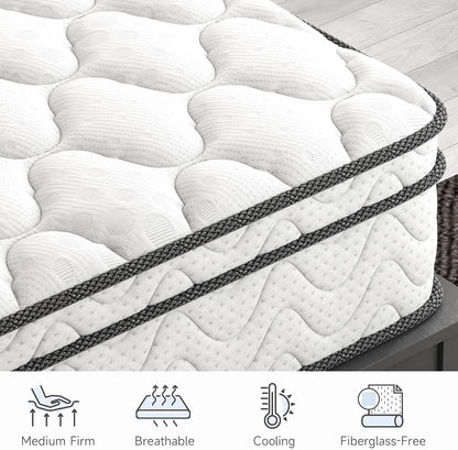 Vesgantti Twin Size Mattress - 12 Inch Fiberglass-Free Hybrid | Cool Sleep Memory Foam & Pocket Springs, Medium Firm