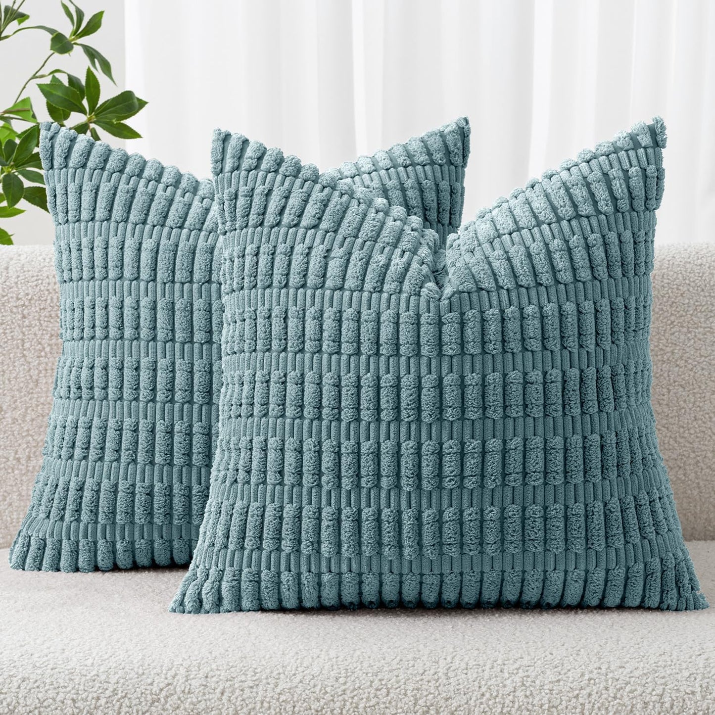 MIULEE Corduroy Throw Pillow Covers - Soft Boho Striped Design | 18x18 Inch Coastal Blue for Modern Home Decor