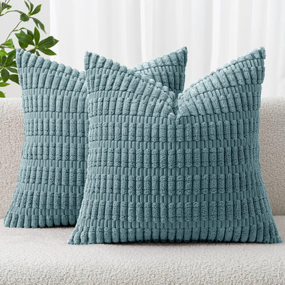 MIULEE Corduroy Throw Pillow Covers - Soft Boho Striped Design | 18x18 Inch Coastal Blue for Modern Home Decor