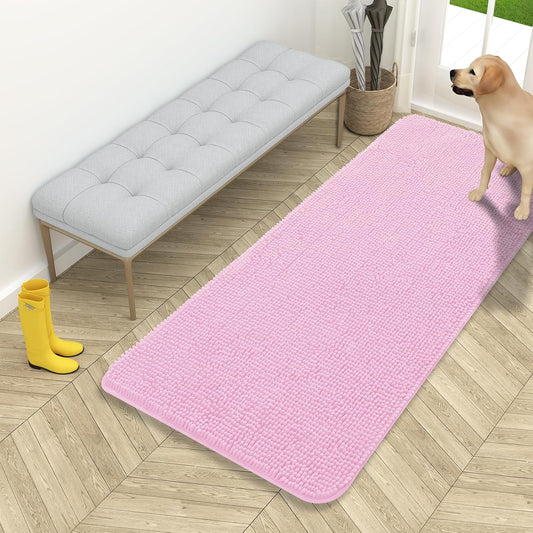 OLANLY Dog Door Mat - Absorbent Non-Slip Washable Chenille Mat for Muddy Paws | 54x24, Pink