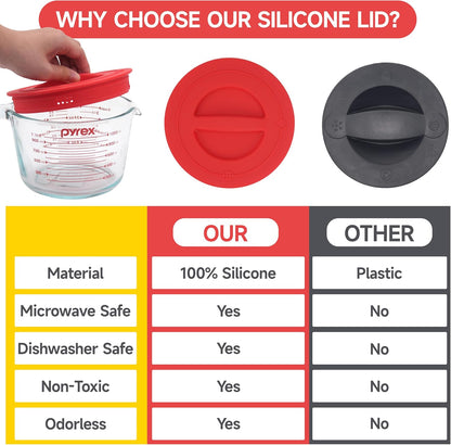 Silicone Lids by Pyrex - Food-Grade Replacement Lids for 1, 2 & 4 Cup Measuring Cups | Red, Microwave & Dishwasher Safe - 3 Pack