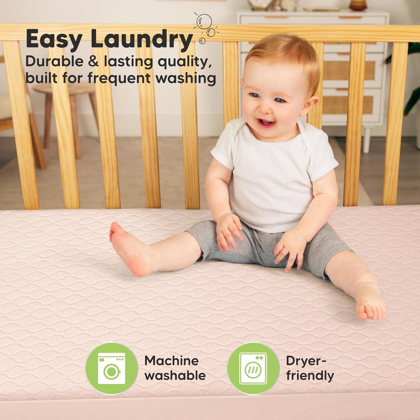 Skiennix 2-Pack Waterproof Crib Mattress Protector - Soft Quilted Cotton, 52" x 28", Machine Washable, Easy Fit (Mist Rose/Mavy)