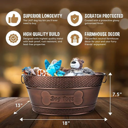 BREKX Indestructible Metal Dog Toy Bin - Copper Galvanized Storage Bin with Handles, Pet Storage Organizer - Ropes, Blankets, & Leashes, Bone Design Pet Toy Box (15-Quart)