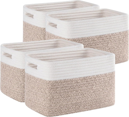 Storage Baskets 4 Pack by [Brand Name] - Durable Woven Organizers for Toys, Books, Towels | 12.7''L x 9''W x 7.8''H, Brown & White