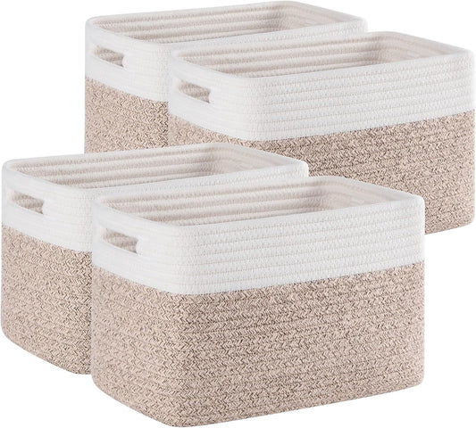 Storage Baskets 4 Pack by [Brand Name] - Durable Woven Organizers for Toys, Books, Towels | 12.7''L x 9''W x 7.8''H, Brown & White