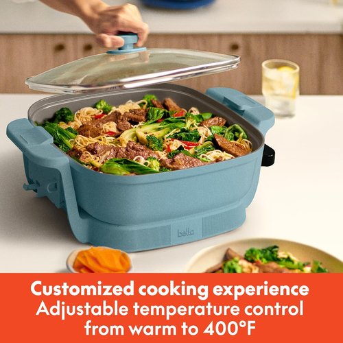 Bella Make & Take Electric Skillet - Adjustable Temperature | Dishwasher-Safe Glass Lid, 1200W, Surf Color