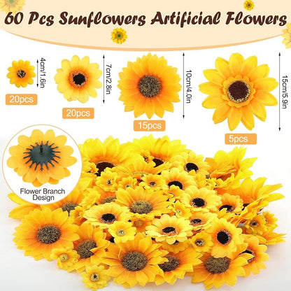 Sunflower Christmas Tree Decoration Kit - 62 Pcs with Ribbons, 4 Sizes