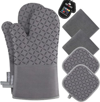KEGOUU High Heat Resistant Oven Mitts & Pot Holders Set - Extra Long, Non-Slip Silicone, Grey