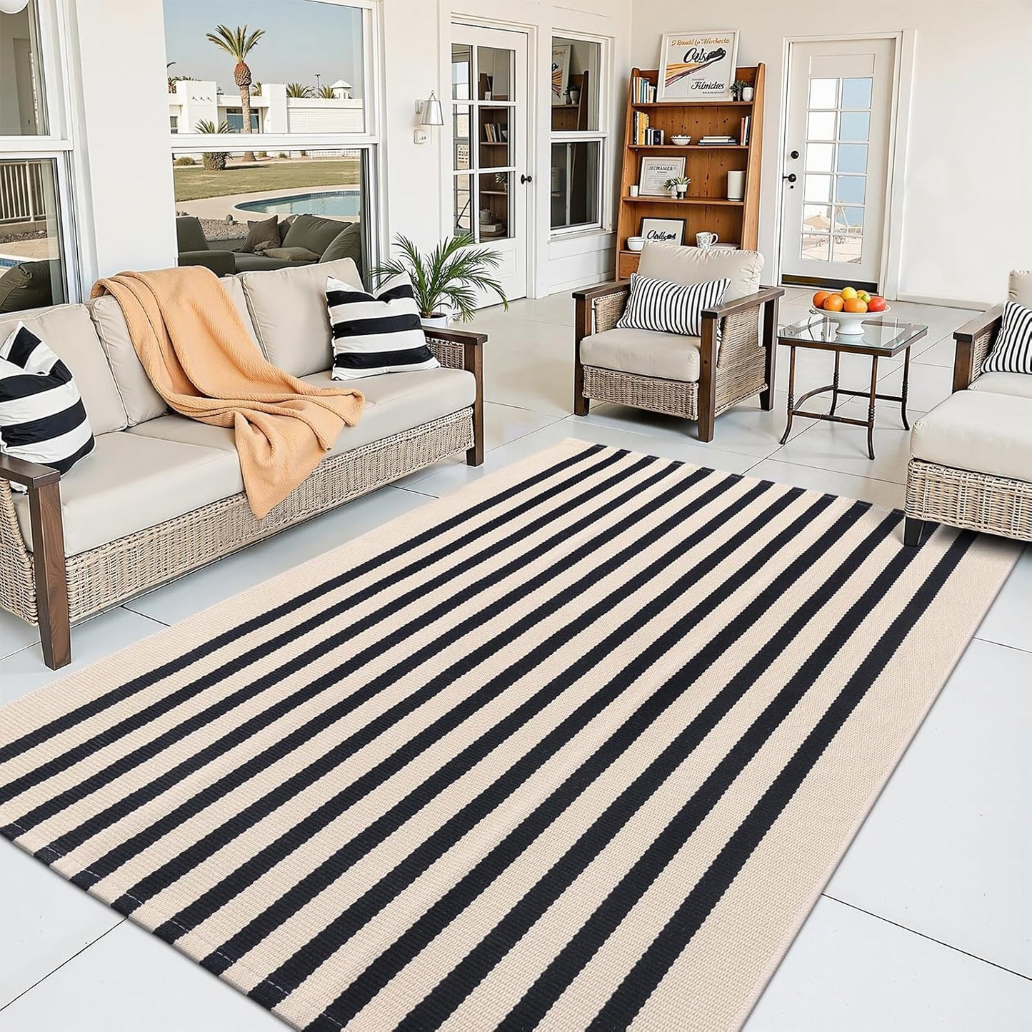 OLANLY Striped Rug - Washable Beige and Black Cotton Doormat | 4' x 6' for Indoor & Outdoor Use