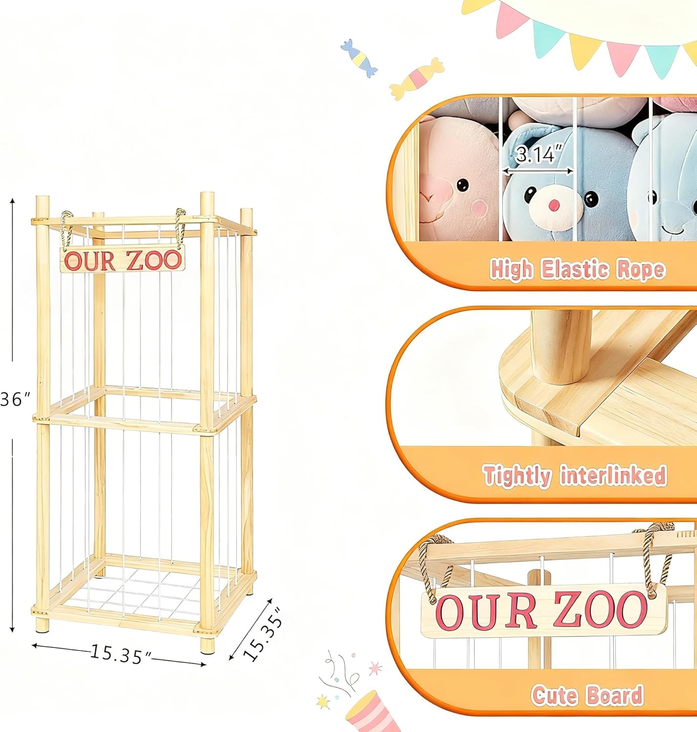 Stuffed Animal Storage | Tall Natural Pine Wood Plushie Zoo with Elastic Cords - Space-Saving Playhouse for Kids
