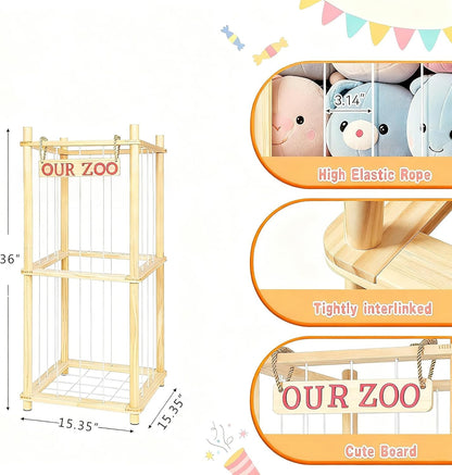 Stuffed Animal Storage | Tall Natural Pine Wood Plushie Zoo with Elastic Cords - Space-Saving Playhouse for Kids