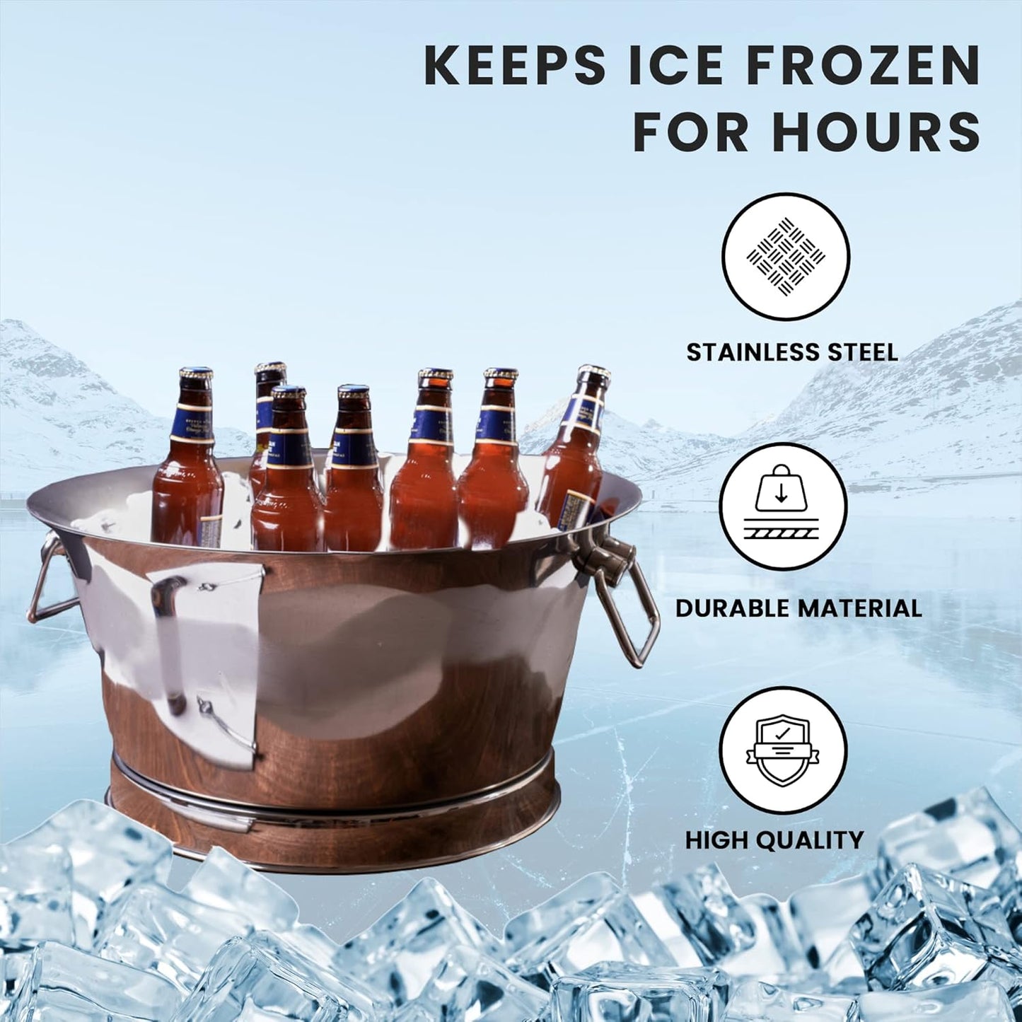 Sol Living Insulated Beverage Tub Large Ice Bucket with Handles Double Wall Stainless Steel Ice Bucket and Cooler for Wine, Drinks, Bar, Party, and Gift Beverage Cooler for Indoor and Outdoor Parties