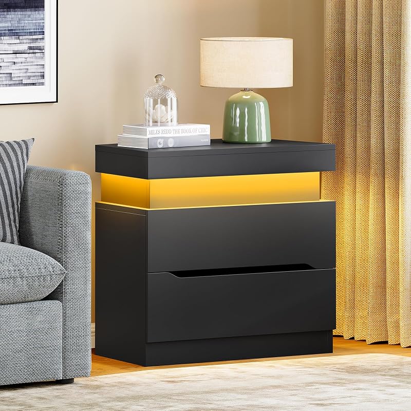 Nightstand Set of 2 with 2 Drawers and App-Controlled RGB LED Light – Black