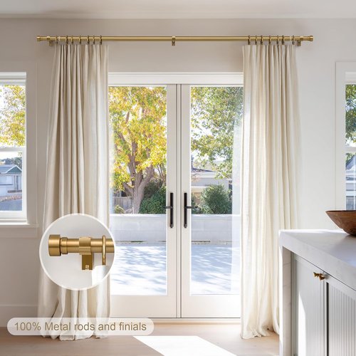 Lootkell Brass Gold Curtain Rods Set - Heavy Duty Adjustable 1" Diameter for Windows 66-120" | Stylish Metal Finials
