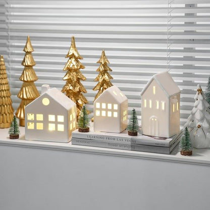 **Ceramic Christmas Village Houses - 3-Piece Light Up Winter Decor Set with Trees | Tabletop Centerpiece**