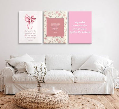 Christian Bible Verse Canvas Wall Art - 3-Piece Pink Preppy Decor for Girls' Bedroom
