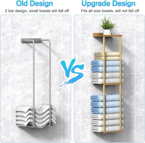 Liuoud Towel Rack - Wall-Mounted Vertical Towel Storage Organizer with Shelf | Holds 6 Large Bath Sheets - Gold