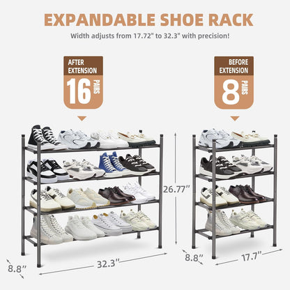 Storage Maniac Expandable Shoe Rack - Adjustable 4-Tier Organizer for 16 Pairs | Black Metal Design
