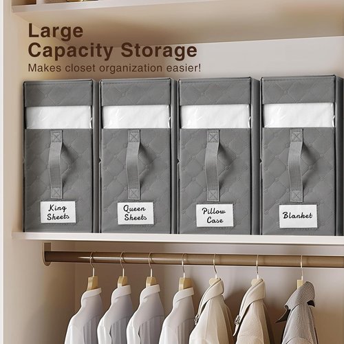 Homsorout Bed Sheet Organizers - Foldable Linen Storage with Window & Labels | XL Grey 6-Pack