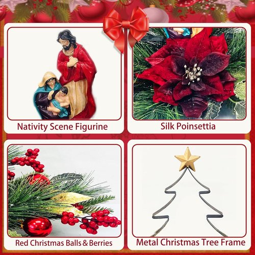 Eksen Nativity LED Christmas Tree Centerpiece - Holy Family Decoration with Warm Lights & Red Poinsettia Accents