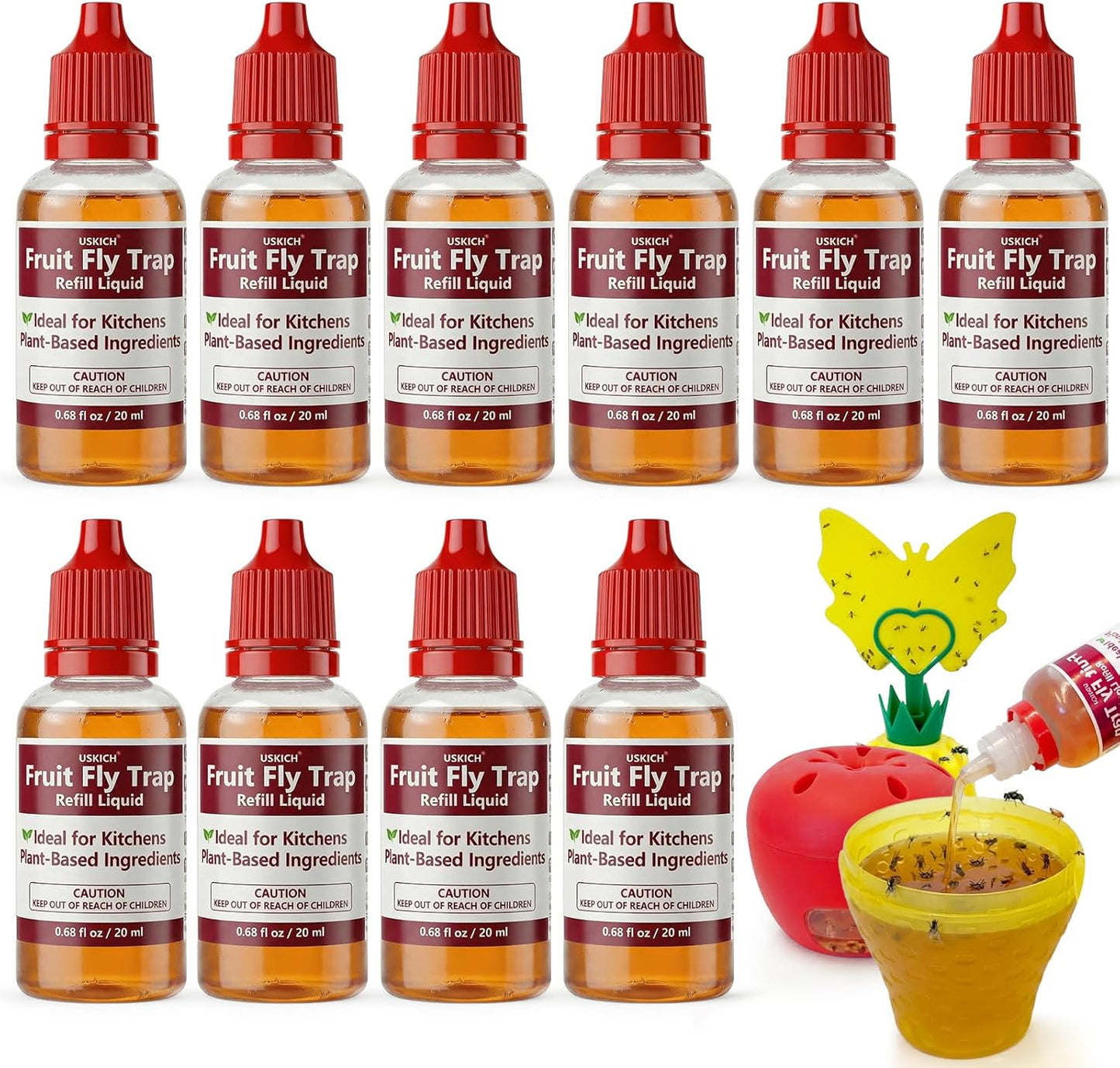 Skiennix Fruit Fly Trap Refill - Effective Non-Toxic Liquid Lure for Indoor Use | 10 Pack, 0.68oz Each