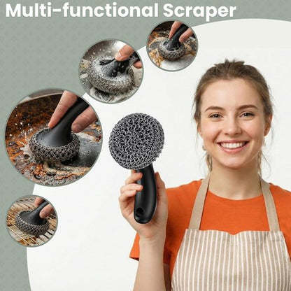 Cast Iron Scrubber - 316 Chainmail Cleaner with Long Handle | Dishwasher Safe Cleaning Kit (Black)