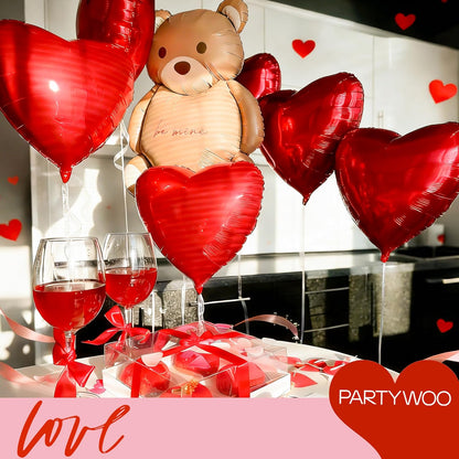 PartyWoo Valentine's Balloons - 15pcs Foil Bear & Red Heart Balloons | 24" & 18" for Romantic Celebrations