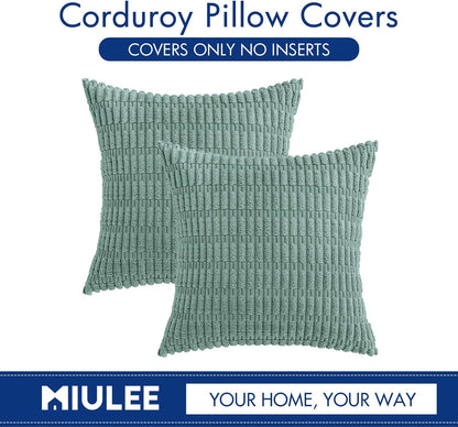 MIULEE Corduroy Throw Pillow Covers - Soft Boho Striped Design, 20x20 Inch, Teal Green for Modern Farmhouse Decor