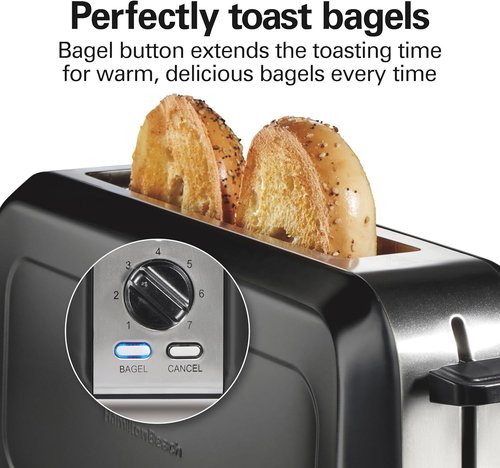 Hamilton Beach 2-Slice Toaster - Extra Wide Long Slot, 7 Browning Shades, Bagel Function, Black