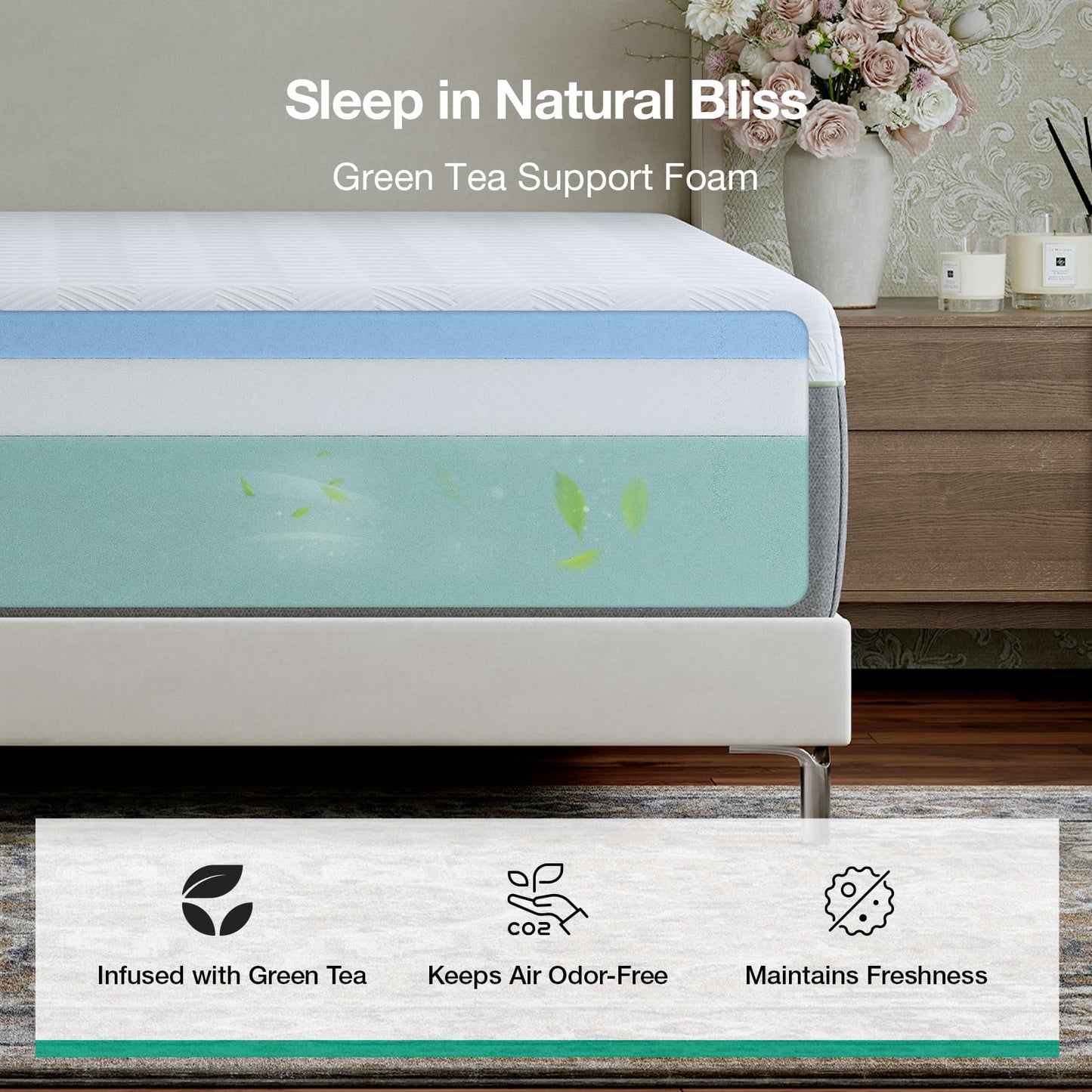 Novilla Bliss Green Tea Memory Foam Twin XL Mattress, 10 Inch XL Twin Mattress for Kids for Refreshing Sleep with Cool-Touch Nylon Cover, Zone Support & Pain Relief with CertiPUR-US Certified Foams
