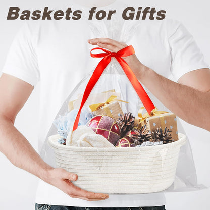 Yeeeasy Small Woven Basket - Cute Gift Basket with Ribbons | 12"x8"x5" White Storage Solution