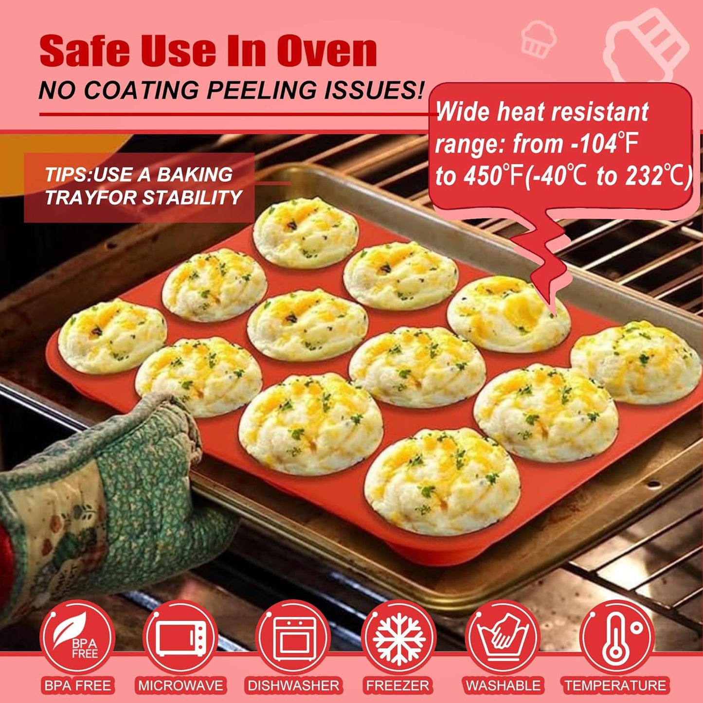 Skiennix Silicone Muffin Pan - 12-Cup Non-Stick Baking Mold for Muffins, Cupcakes & Tarts - Dishwasher & Microwave Safe