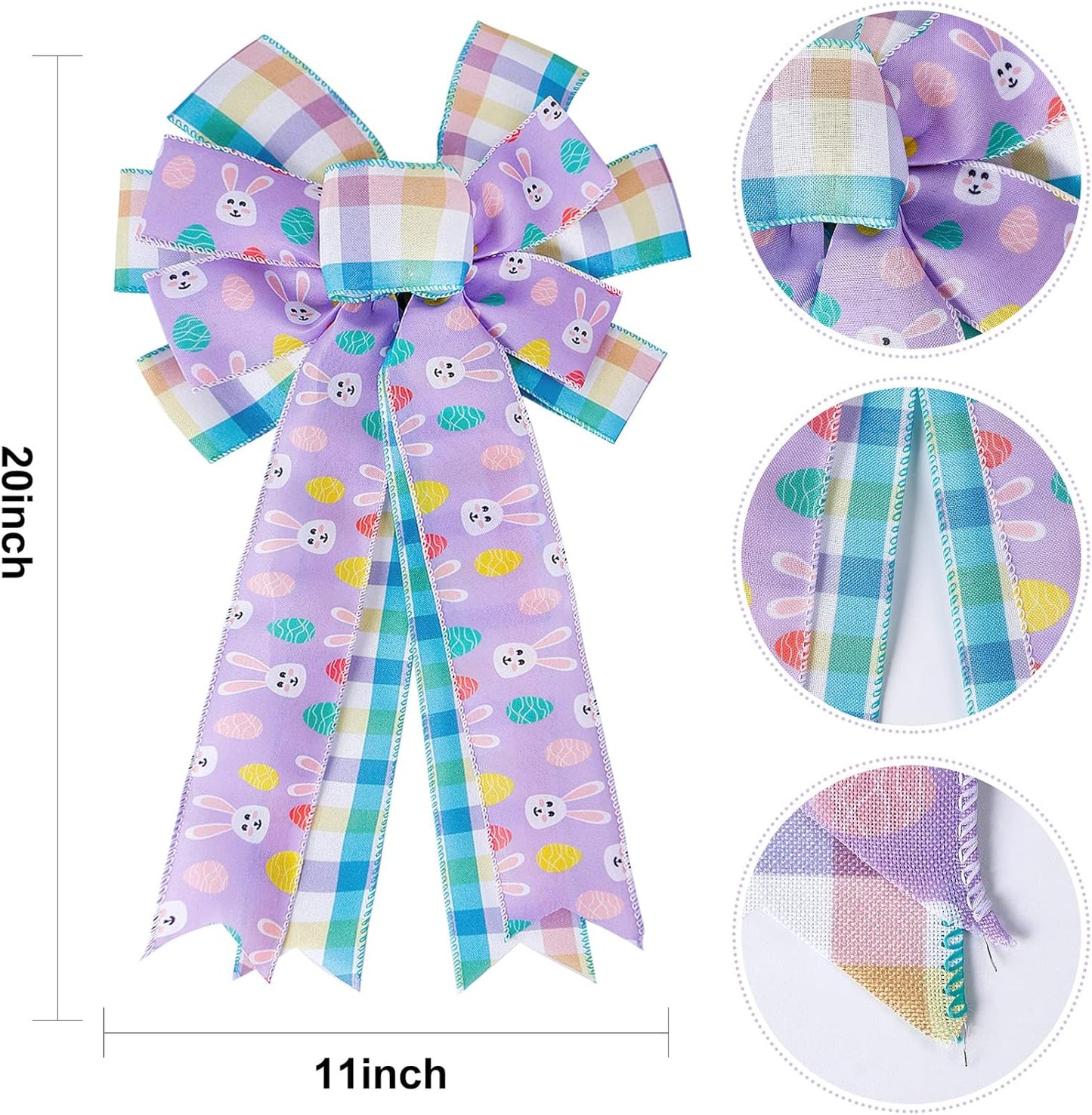 SIMISI Ribbon Easter Wreath Bow - Large Burlap Wired Bow with Bunny Eggs | 11x17.7 Inch Door Ornament