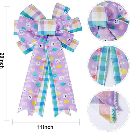 SIMISI Ribbon Easter Wreath Bow - Large Burlap Wired Bow with Bunny Eggs | 11x17.7 Inch Door Ornament