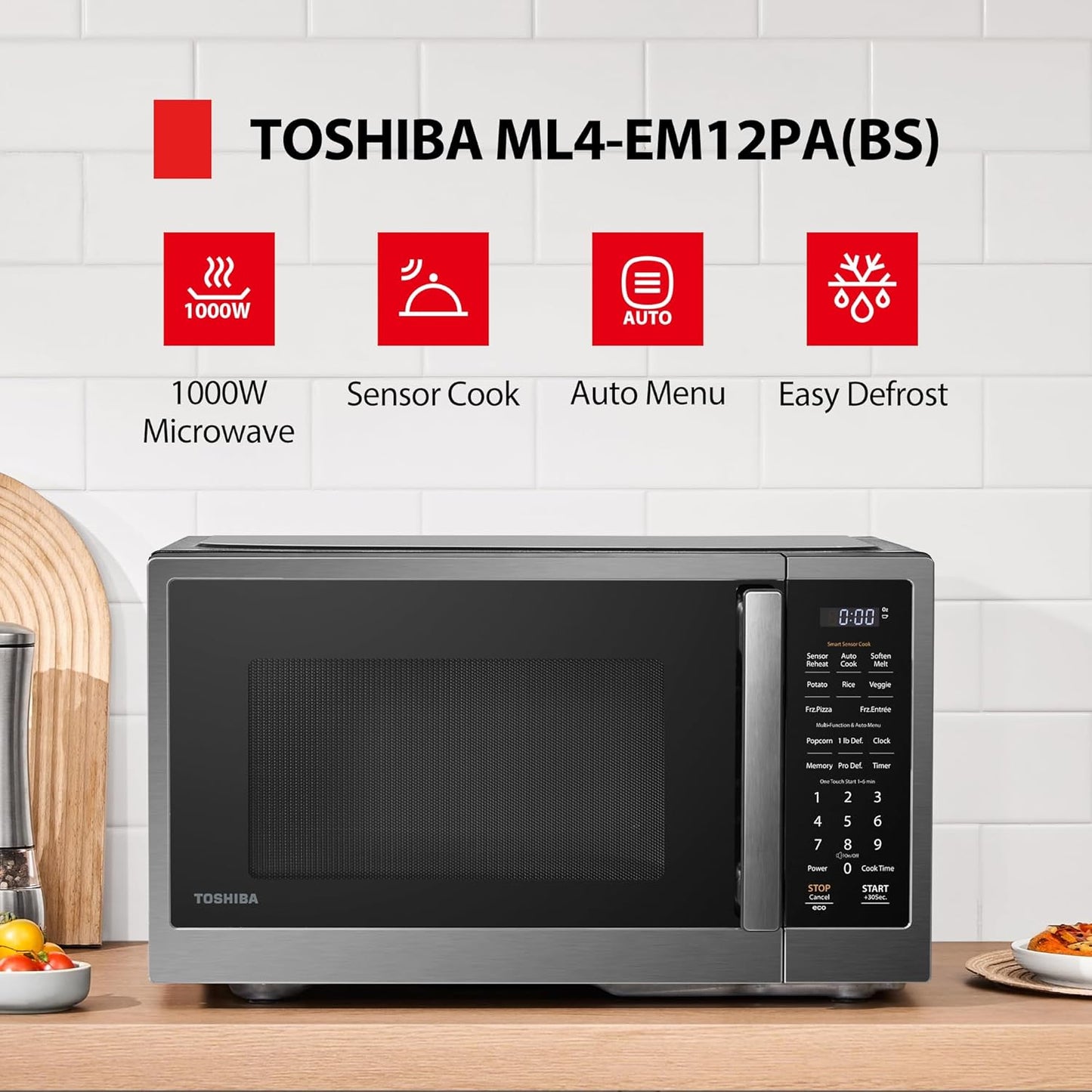 TOSHIBA Countertop Microwave Oven - Smart Sensor, 13 Auto Menus, 1.2 Cu Ft, 1000W | Black Stainless Steel