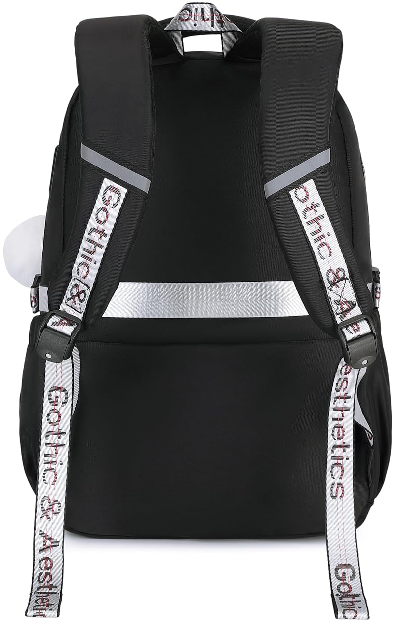 Gothic School Backpack for Girls with USB Ports - Black