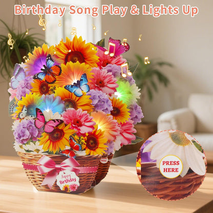 MZD8391 Birthday Cards - Musical Pop-Up Card with Lights | Sunflower & Butterfly Design, 10-Inch Size