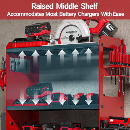 YYR Power Tool Organizer - Heavy-Duty Wall Mount with Charging Station & Battery Storage Rack - Red