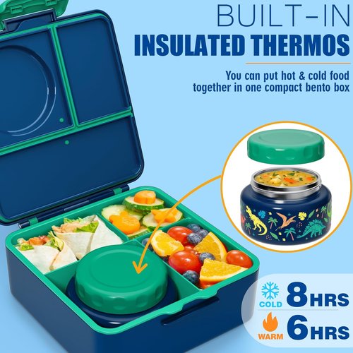 Fimibuke Bento Box - BPA Free & Leakproof Lunch Box with 8.5oz Insulated Food Jar | 3 or 4 Compartment Container for Kids