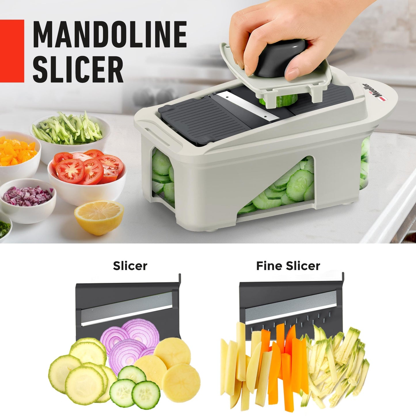Mueller Pro-Series All-in-One, 12 Blade Mandoline Slicer for Kitchen, Food Chopper, Vegetable Slicer and Spiralizer, Cutter, Dicer, Grater, Kitchen Gadgets Sets with Container, White Sand/Gray