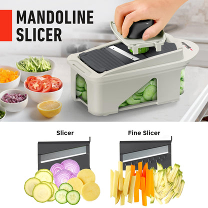 Mueller Pro-Series All-in-One, 12 Blade Mandoline Slicer for Kitchen, Food Chopper, Vegetable Slicer and Spiralizer, Cutter, Dicer, Grater, Kitchen Gadgets Sets with Container, White Sand/Gray