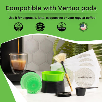 My-Cap Sampler Set - Fill Your Own Coffee Pods - Includes Cap, Lid, Foil Seals, Capsule Holder & Funnel - Complete Solution to Make Your Own Capsules for Nespresso VertuoLine Brewers