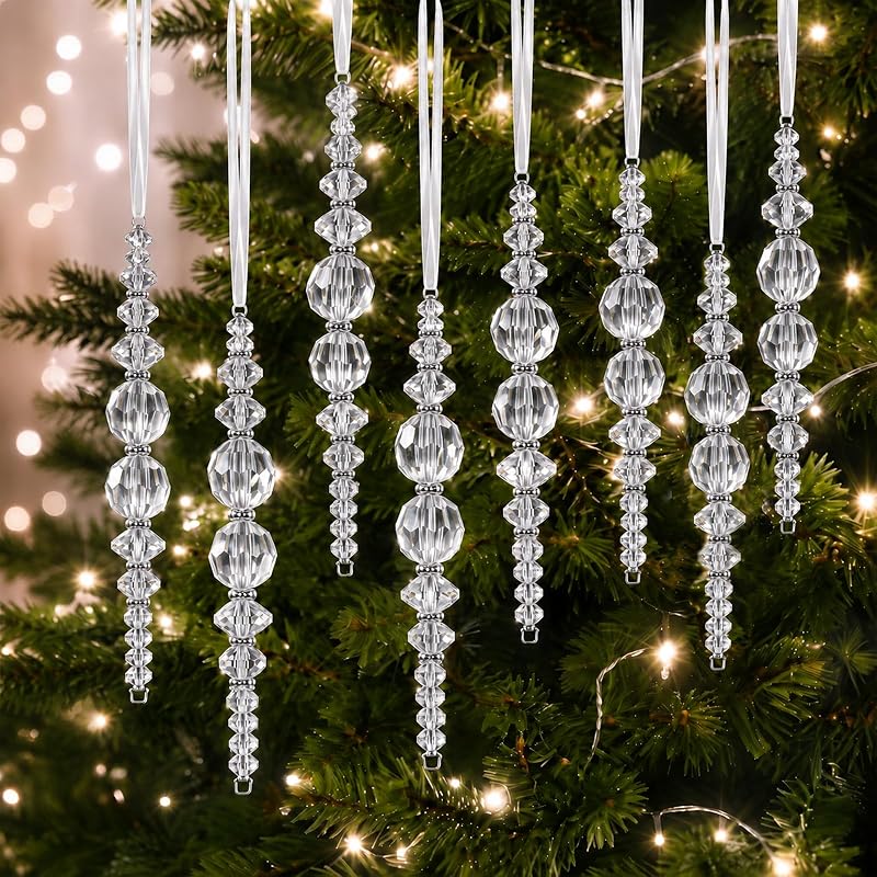 Hollowfly 12 Pcs Clear Acrylic Icicle Ornaments Beaded Drops - 4.1in, Variation: Clear+12