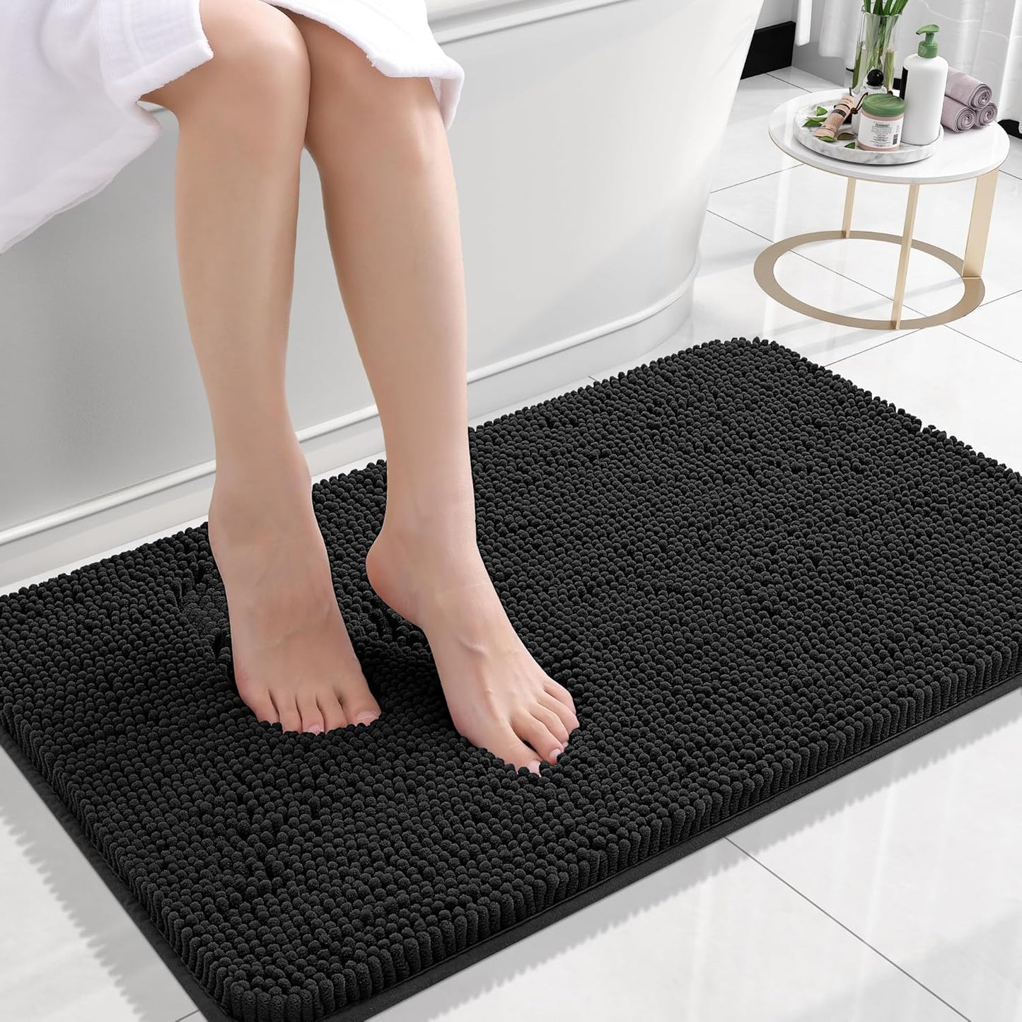 OLANLY Bathroom Rugs - Extra Soft Chenille Bath Mats with Rubber Backing | 24x16, Quick Dry, Machine Washable, Black